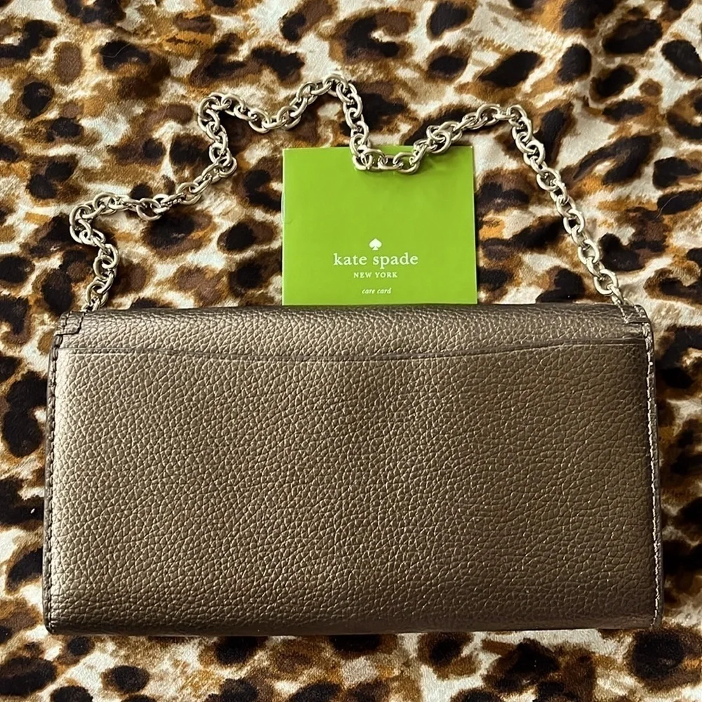 Brand New KATE SPADE Leather Eva Wallet Clutch Chain Shoulder Bag Ash Metallic